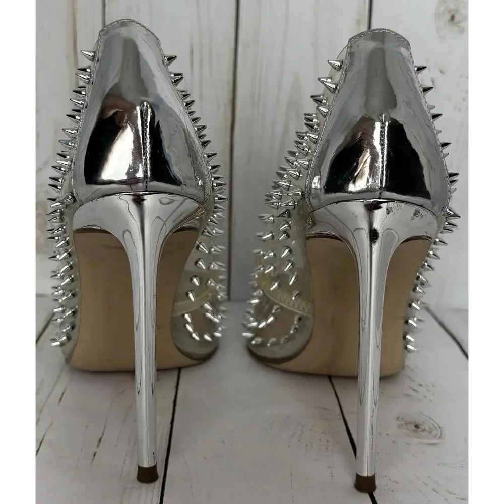 Steve Madden Vala Stud Clear Pumps Silver Spikes Punk Goth Size 7.5 - Picture 5 of 8